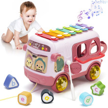 Toys Gifts for 1 Year Old Girls, Baby Girl Toy 12 18 Months Musical Sensory Bus with Xylophone, Shape Sorter Pull Along Toy for 12-18M Birthday Chirs