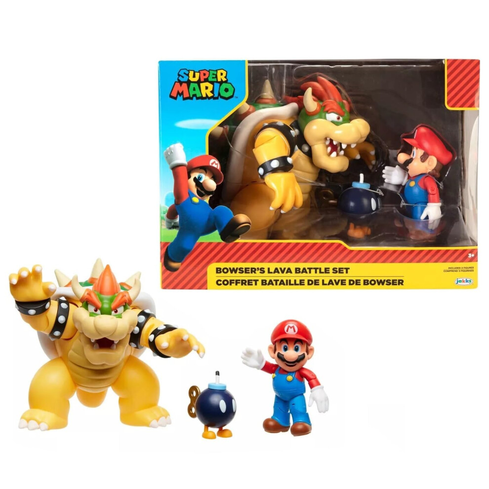 Nintendo Mario Vs. Bowser Lava Battle 7" / 18 Cm Playset, Officially Licensed By Jakks Pacific, Articulated Bowser, Mario And Bom-Omb Action Figures.