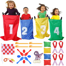 GOLDGE 32 Pcs Sports Day Kit, Sack Race Set Bean Bag Toss Fun Outdoor Garden Family Game for Adults And Kids, Includes 4 Coloured Sack, 4 Eggs, 4 Spo