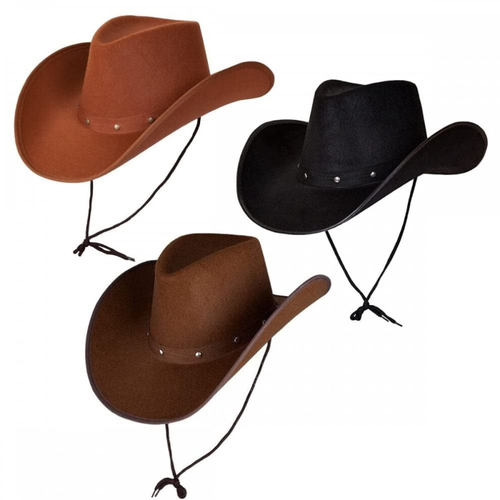 Photos - Construction Toy Pack of 3 x Adult Texan Cowboy Hats  : Wild West Rodeo Cowgirl Fancy Dress Accessory(1 x Black + 1 Brown + 1 x Dark Brown)