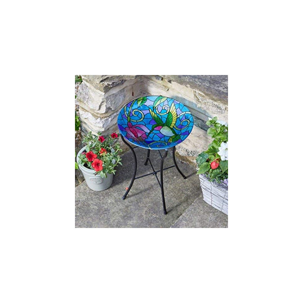 Smart Garden Beautiful Hummingbird Design Hand Painted Glass Birdbath On Stand
