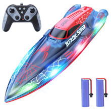 DEERC 13 inch Remote Control Boat for Kids, 2.4Ghz RC Spider Boat with LED Lights for Pools and Lakes, Summer Water Toy Gift for Boys 8-12, 2 Batteri