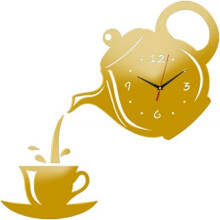 (11", Gold) Teapot and Cup Acrylic 3D DIY Mirror Wall Clock, Safety Unbreakable Mirror Tiles Self Adhesive Mirror Surface Time Sticker for Home Decor