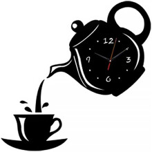 (11", Black) Teapot and Cup Acrylic 3D DIY Mirror Wall Clock, Safety Unbreakable Mirror Tiles Self Adhesive Mirror Surface Time Sticker for Home Decor