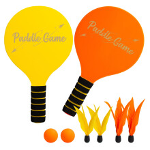 INPODAK Beach Bat and Ball Set, Kids Wooden Paddle Ball, Beach Ball Racket Set, Wood Racket Game- 2 Paddles 4 Birdies 2 Balls, Garden Family Game Toy