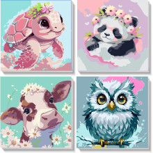 4 Pack Animal Paint by Numbers for Children with Wooden Frame Ages 4-8-12