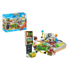 Playmobil 71648 MyLife: Organic Supermarket Promo Pack, including checkout with conveyor belt, shopping trolley, and three figures, detailed play set