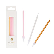 Talking Tables 16 x Pink, Gold & White Tall Birthday Candles with Holders | Birthday Candles Cake Toppers, Cake Decorations for Wedding, Baby Shower,