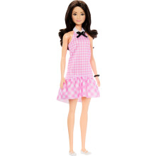 Barbie Fashionistas Doll #224 with Black Wavy Hair, Pink Gingham Dress & Accessories, 65th Anniversary Collectible Toy, HRH21