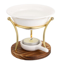 BSTKEY Metal Wooden Wax Melt Burner Essential Oil Burner with Ceramic Bowl, Decorative Aroma Diffuser Wax Burner Tealight Candle H