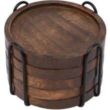 SAMHITA Mango Wood Coasters for Drinks with Iron Holder Stand Set of 5 for Countertop and Surfaces from Water Marks or Damage (11.