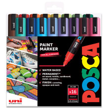 Posca PC-5M Water Based Permanent Marker Paint Art Pens - 1.8-2.5mm – Full Spectrum Set of 16 - in Plastic Gift Wallet