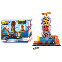 Hot Wheels City Super Twist Tire Shop Playset, Spin the Key to Make Cars Travel Through the Tires, Includes 1 Hot Wheels Car, Gift for Kids 4 to 8 Ye