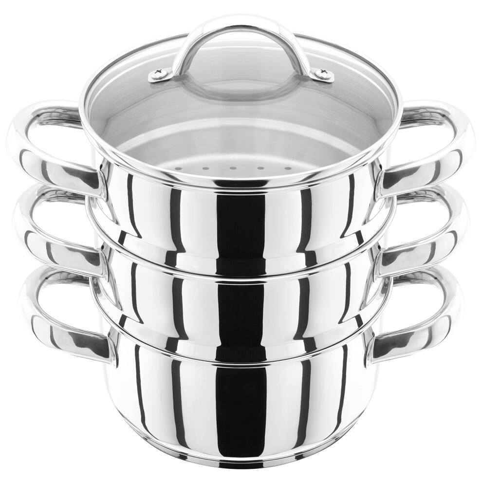 Judge Jx01 Stainless Steel 3 Tier Steamer Set With 16Cm 600Ml Casserole, 2 Steamers And Lid, Induction Ready, Gift Boxed - 25 Year