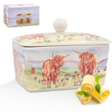 The Leonardo Collection Jennifer Rose Gallery Highland Cow Butter Dish | Fine China Butter Keeper with Lid | Rustic Kitchen Storag