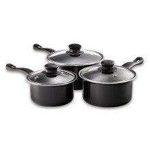 Pendeford Value Plus Saucepan Set 3PC | Carbon Steel Non-Stick with Tempered Glass Lids | 16cm 18cm 20cm | Easy Clean, Lightweight
