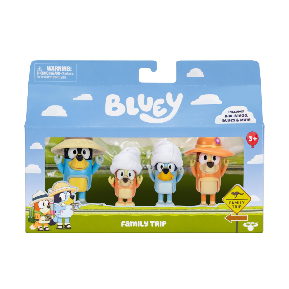 Bluey Moose Toys Figure 4-Packs, Family Trip, 2.5 Inch Poseable Figures Of Bingo, Bandit And Chilli, With Accessories,