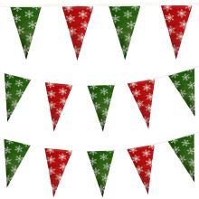 100FT Christmas Plastic Flags, Holiday Pennant Banner, Green and Red Garland with White Snowflakes, Xmas Decoration Triangle Flags