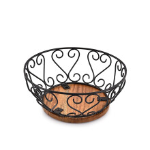 EDHAS Iron Fruit Bowl with Wooden Base for Kitchen Countertop & Dining Room and Pantries (22.86cm x 22.86cm x 10.16cm)