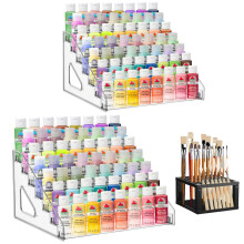 YEXEXINM 2 Pcs Acrylic Paint Organizer with Paint Brush Holder, 7 Layers Clear Paints Storage Rack Craft Colorant Holder Rack for