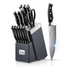 D.Perlla Kitchen Knife Set with Advanced Self-Sharpening Technology, 14-Piece Waved Texture Knife Set with Block, Stainless Steel