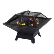 Taylor & Brown Square Fire Pit with BBQ Grill Heater Outdoor Garden Black Barbeque Metal Brazier Patio Decor Firepit Stove Portabl