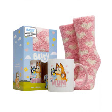 Bluey Mug and Socks Gift Set - ' No 1 Mum' Mothers Day Mugs for Mum with Hearts Pink Fluffy Socks - Bluey Gifts - Cosy Novelty Pre
