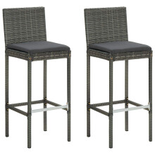 vidaXL Garden Bar Stools with Cushions Set - 2 pcs Grey Poly Rattan - Contemporary Outdoor Seating from Weather- Material with Rem