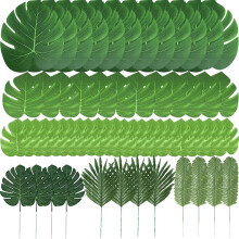 Zhou-long Fake Leaves 60 Pcs Artificial Leaves Tropical Palm Leaves Monstera Leaves with Stems for Safari Decorations Tropical Par