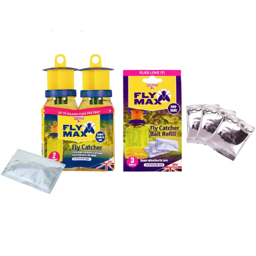 Zero In Fly Max Re-Usable Fly Catcher, Twin-pack STV336 with Bait Refill Sachet 3-Pack STV337, Effective Flytrap, Refillable Insec