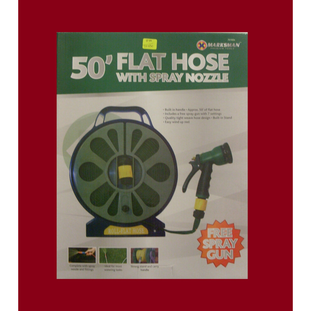 Flat Garden 50Ft (15M) Hose Pipe Reel With Free 7 Dial Spray Gun Nozzle 77693792