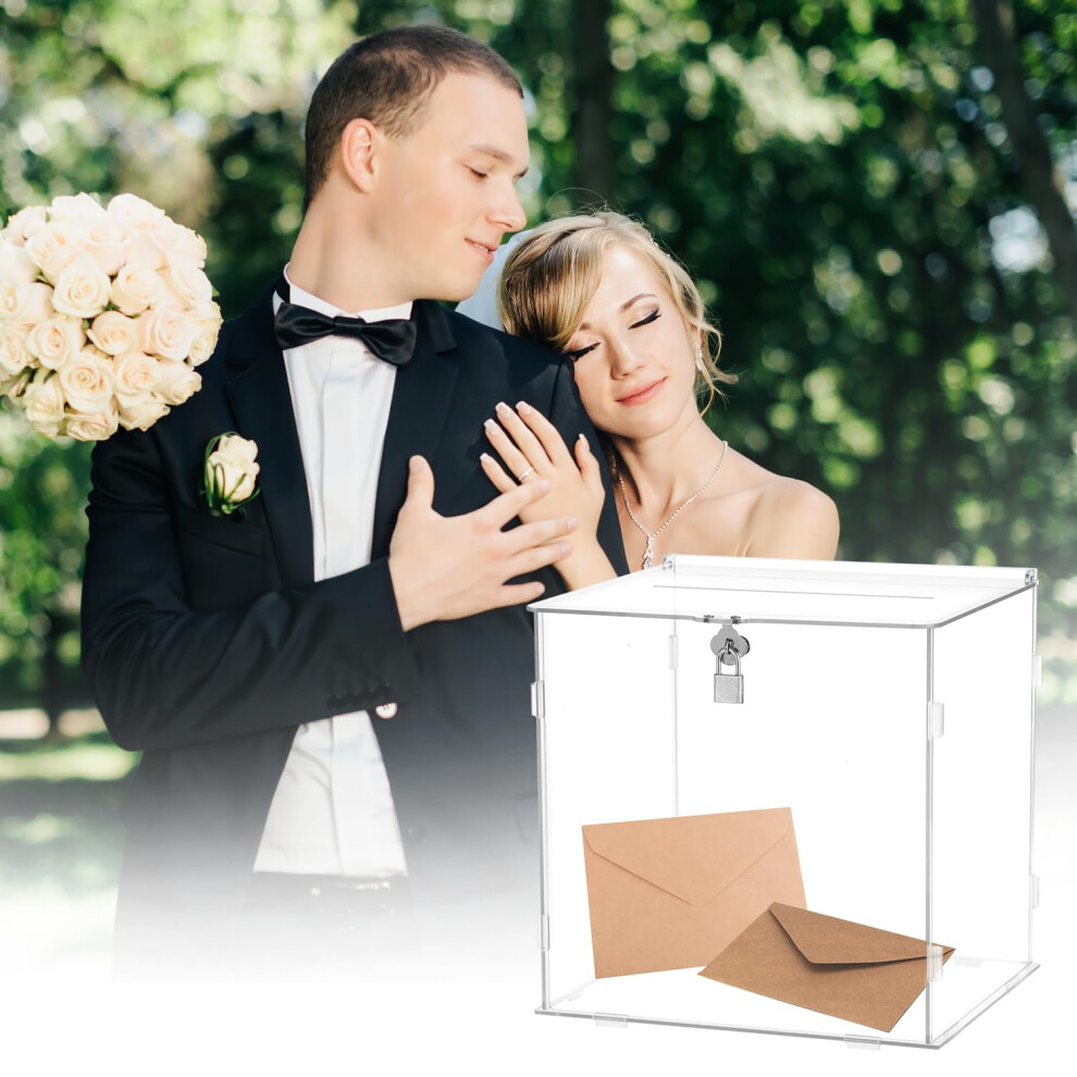 Qwork Clear Acrylic Wedding Card Box - 25.5X21x25 Cm - Gift Box Envelope Box With Lock And Slot For Wedding Reception, Anniversar 78328334