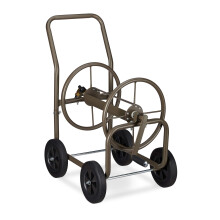 Relaxdays Hose Trolley XL, Mobile Portable Reel, Metal, for 60m Hoses, 4 Wheels & with Crank, 90 Unwinding, Brown