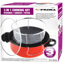 3 In 1 PRIMA Deep Fryer Cooking Set Home Kitchen CHEF Food RED Cooker Chip Fry Pan Non Stick Pot Steamer Basket Glass Lid UK FREE
