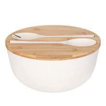 XUEJUN Salad Bowl with Servers Set - Large 9.8 inches Mixing Bowls Solid Bamboo Salad Wooden Bowl with Bamboo Lid Spoon for Fruits