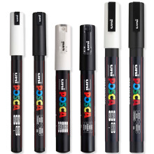 Posca Water Based Permanent Marker Paint Pen - Multi Surface Use - PC-1MR, PC-1M, & PC-3M Ultra Fine to Fine Set - Black & White P