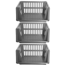 Large 3 Tier Stacking Baskets Storage Veg Rack Plastic Stackers 35cm - Silver