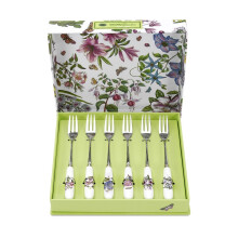 Portmeirion x Botanic Garden 6 Piece Pastry Fork Set - Elegant Porcelain Handle with Floral Design, Durable Stainless Steel Cutler
