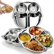 Noamus 3 Pack Stainless Steel Divided Plates, 9 Inch 304 Dinner Platter, Diet Portion Control Tray, 4 Sections Owl Shape Meal Plat