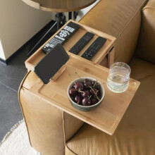 PURASKER Sofa Arm Tray, Bamboo Couch Arm Table, Two-Tier Clip On Tray Sofa Table with 360 Rotating Tabletop and Phone Stand, For