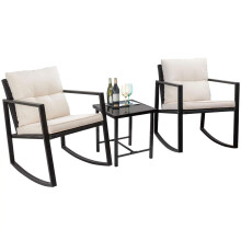 Taylor & Brown 3 Piece Rocking Bistro Set, Patio Rattan Furniture Set with Tempered Glass Coffee Table and Cushioned Chairs, Outdo