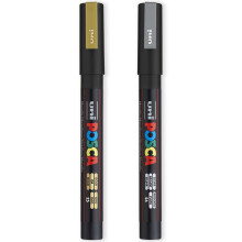 Posca Water Based Permanent Marker Paint Pen - Multi Surface Use - PC-3M 0.9-1.3mm Fine - Set of Gold + Silver - Pack of 2