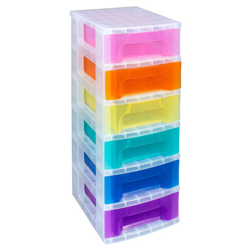 Really Useful Box Plastic Storage Slimline Tower 6x3.5 Litre Clear Frame with Rainbow Drawers