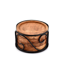 EDHAS Acacia Wood Coaster Set of 4 With Iron Holder for Tea, Drinks, Mugs, Cans, Glasses for Any Table Type