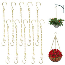 Pack of 10 Metal Hanging Basket Chains, 25 cm Chain for Hanging with Snaps and S-Hooks, Gold Hanging Basket Chains, Long, Flower P