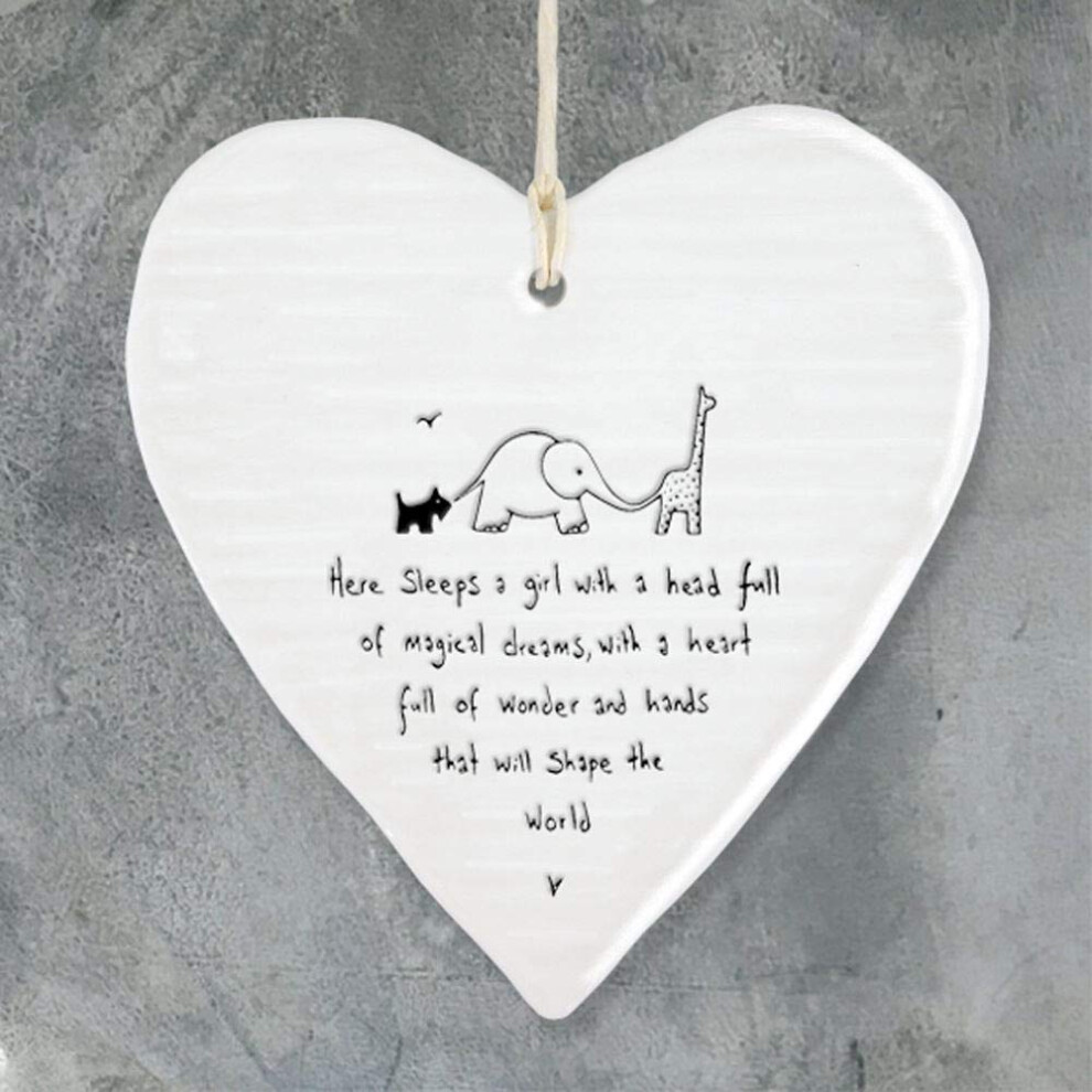 East Of India Wobbly Porcelain Heart Here Sleeps A Girl Baby Sign 10X9cm White