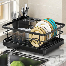 Home-X Dish Drainer Rack with Drip Tray, Black Space-Saving Dish Drying Rack with Utensil Holder and Draining Board, Large Capacit