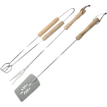 Greenfields 3pc Wooden BBQ Tools Set - Stainless Steel with Long Handles Featuring Fork, Turner and Tongs for Barbecue & Grilling,