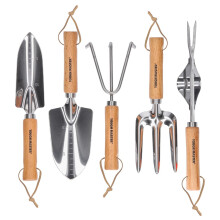 Garden Tools Set 5 Piece Hand Tool Gift Kit With Wooden Handle For Planting Digging Weeding Hand Trowel, Transplanter, Weeder, Han