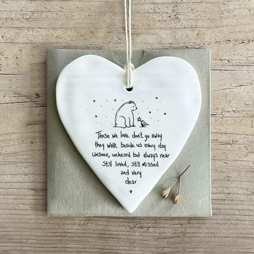 East Of India Porcelain Heart Memorial Hanging Decoration, White, Sentimental Quote With Bear Design